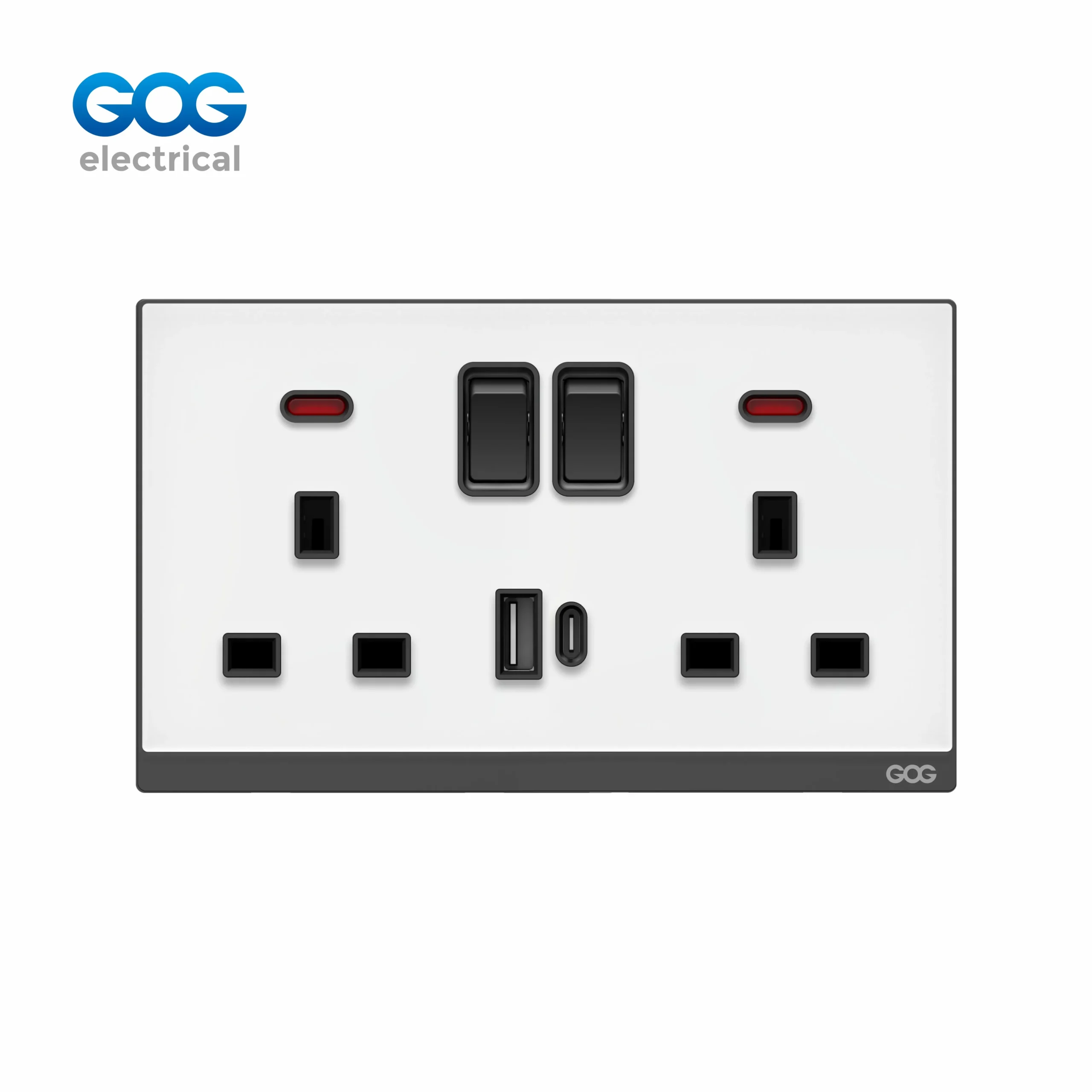 DN71 Series 13A British Standard Glass Double Switched Socket with USB-C