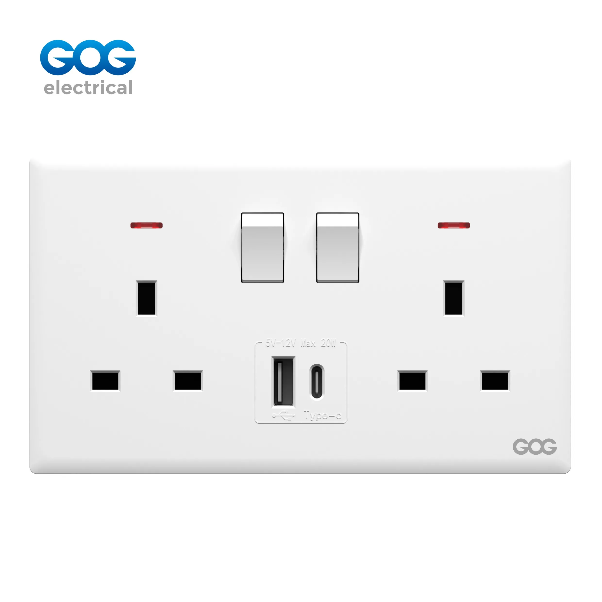 R12 Series 13A British Standard 2 Gang MF Switched Socket with USB-C