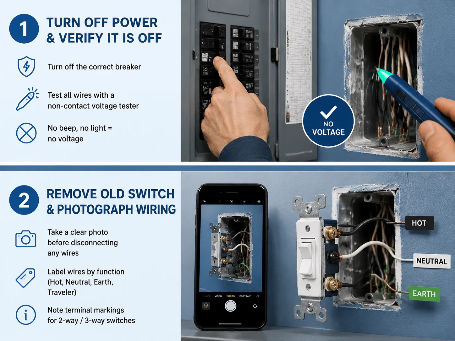 Turn Off the Power and Verify It Is Off and Remove the Old Switch and Photograph the Wiring