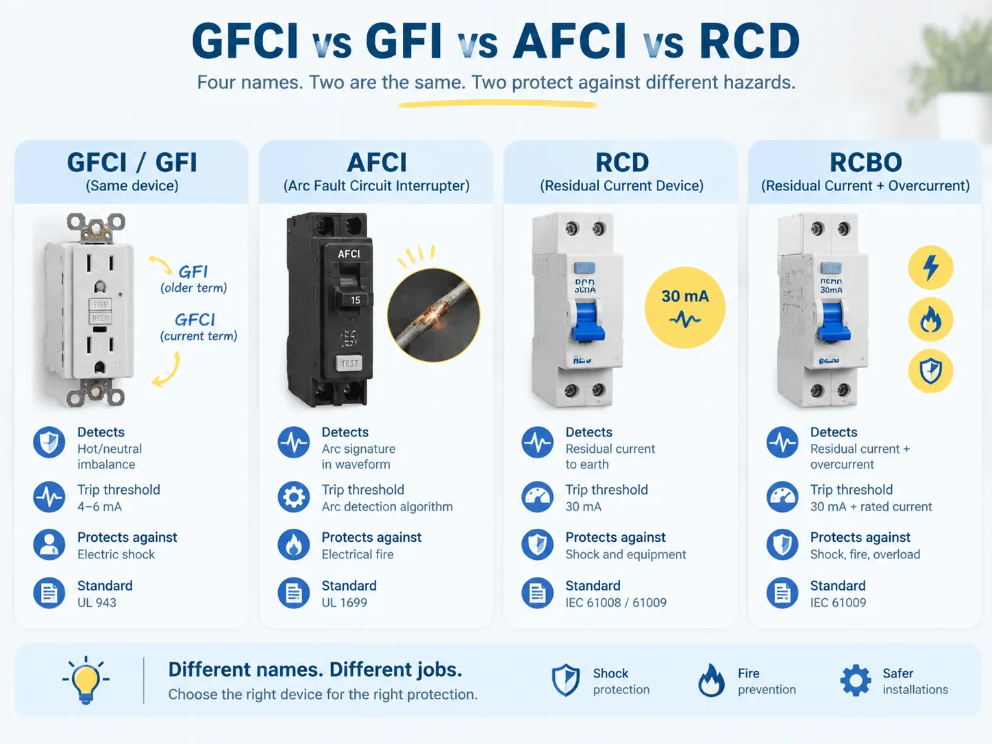 GFCI vs GFI vs AFCI vs RCD