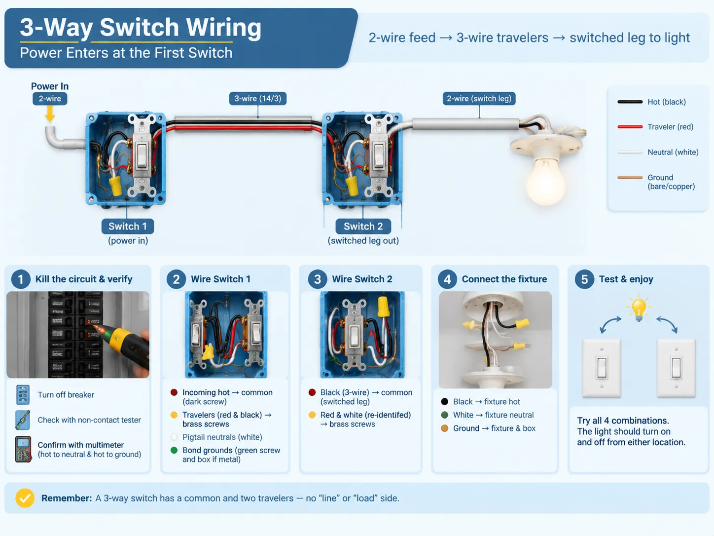 3 way Switch wiring power enters at the first switch